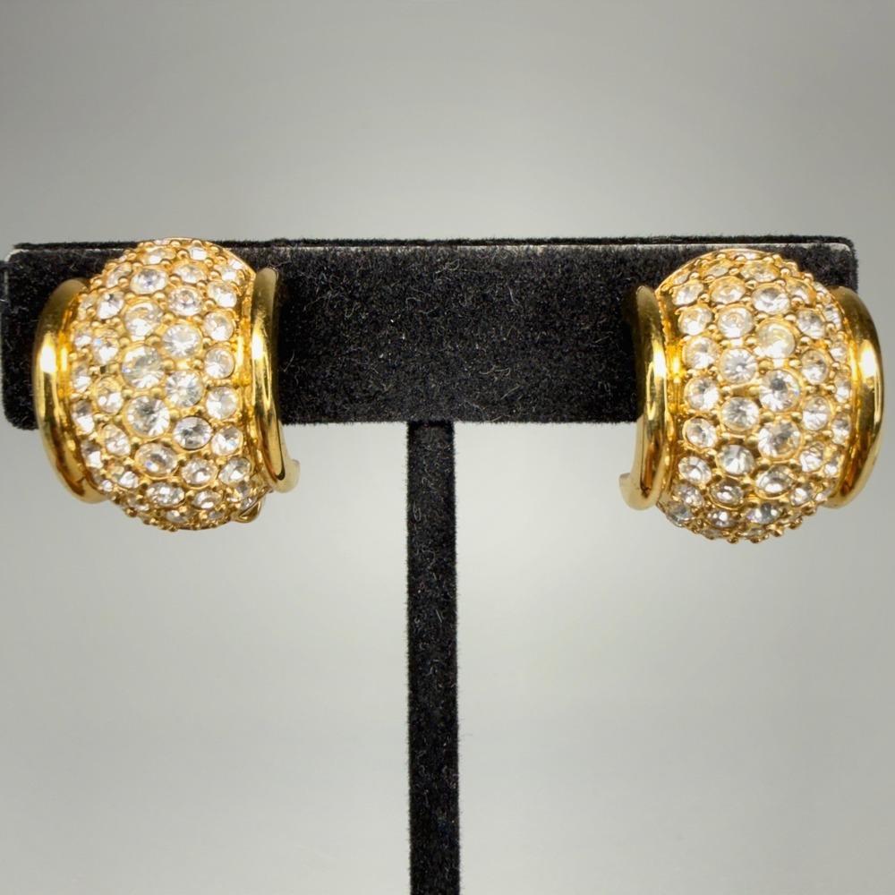 Vintage Swarovski Clip On Earrings Gold Tone Clear Crystal Pave Signed